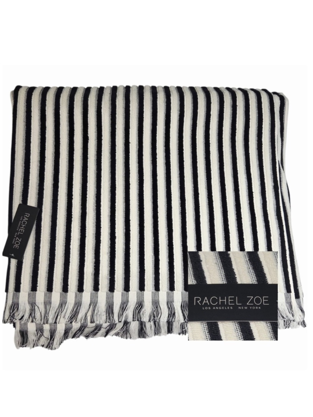 Set of 2 Rachel Zoe Cream Black Striped Fringe Oversized Beach Towel 40x70